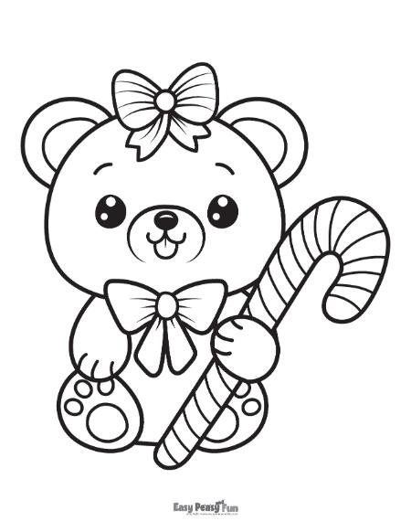 Cute bear with bows holding a candy cane coloring sheet