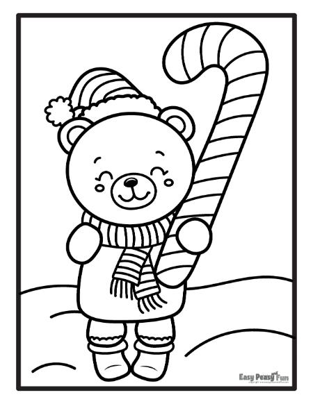Polar bear wearing a hat and holding a candy cane winter coloring page