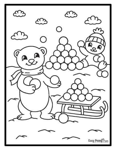 Polar bears throwing snowballs coloring page