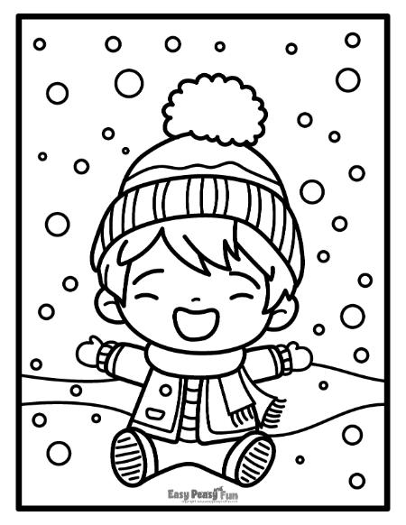 Boy sitting in snow on a winter day color sheet