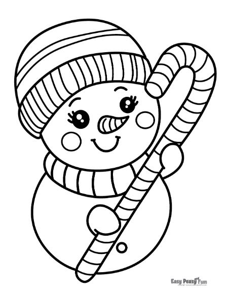 Snowman holding a big candy cane illustration for coloring