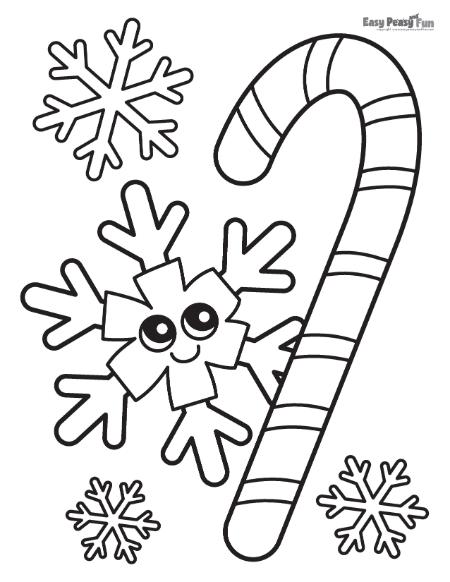Snowflakes and candy cane coloring page