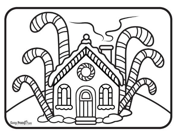 Gingerbread house and candy canes coloring page