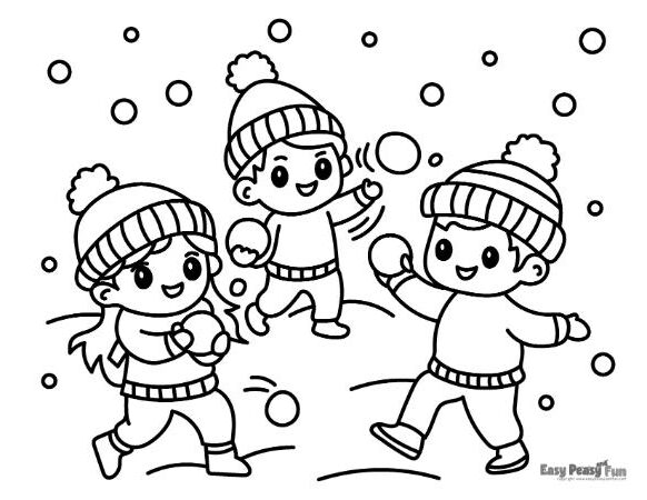 Three kids throwing snowballs image to color