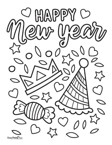 Happy New Year party hats, crown and candy to color