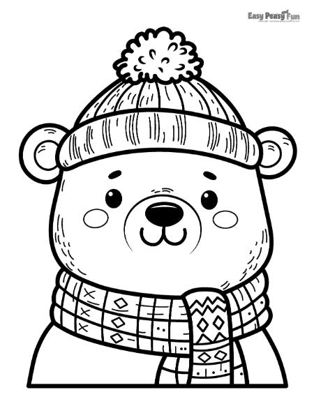 Polar bear wearing a winter hat and scarf color sheet