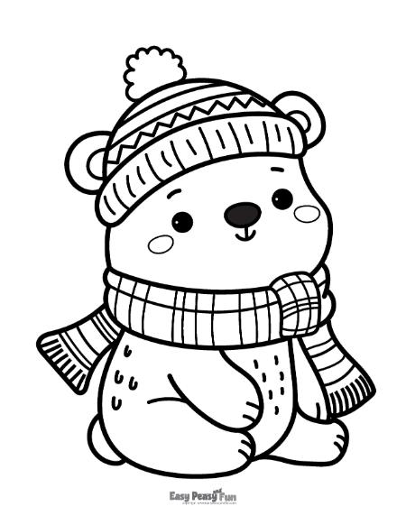 Polar bear wearing winter hat and scarf illustration for coloring