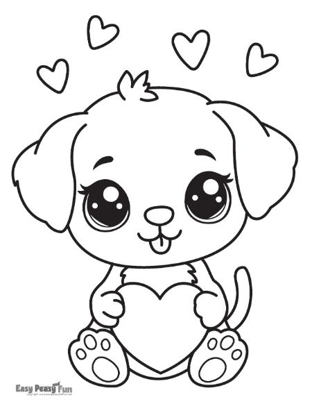 Dog holding a heart Valentine's Day illustration to color