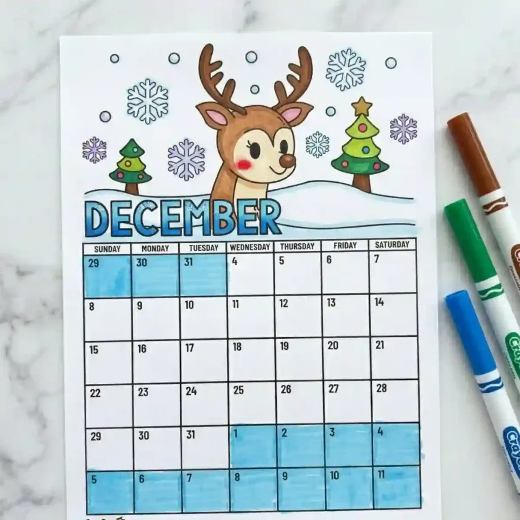 Colored December Calendar Coloring Page
