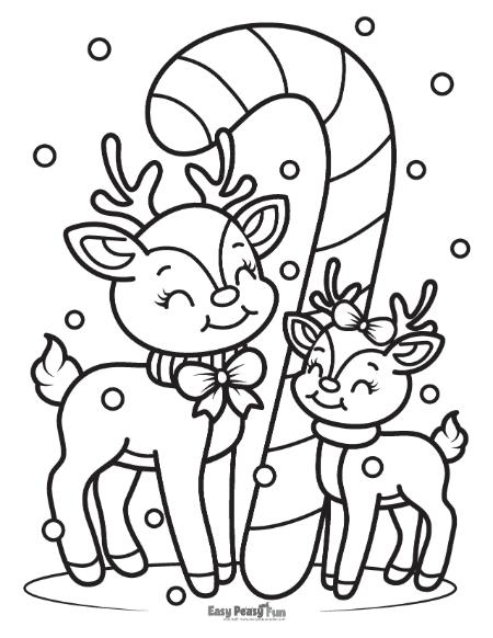 Deer and candy cane coloring page for winter