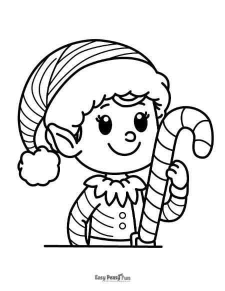 Cute elf holding a candy cane illustration to color