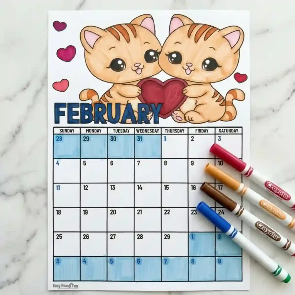 Colored February Calendar Coloring Page