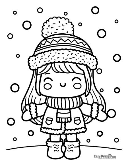 Happy girl on a snowy day illustration for coloring