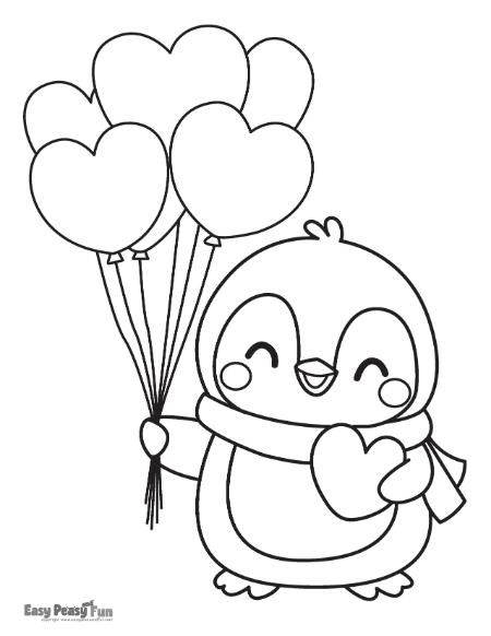 Penguin and balloon hearts for coloring.