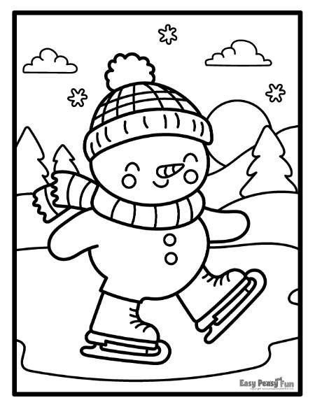 Happy ice skating snowman page to color