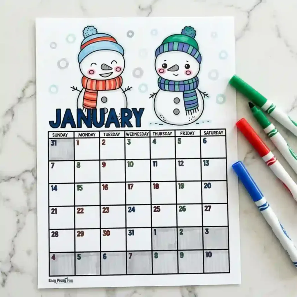 Colored January Calendar Coloring Page