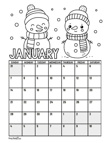 January Calendar to Color