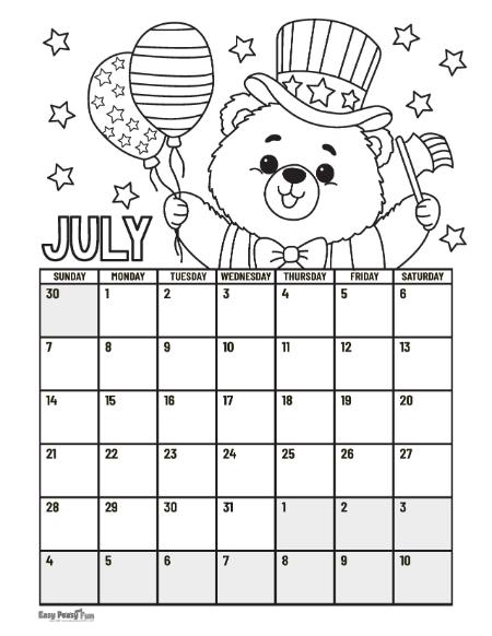 July Calendar to Color
