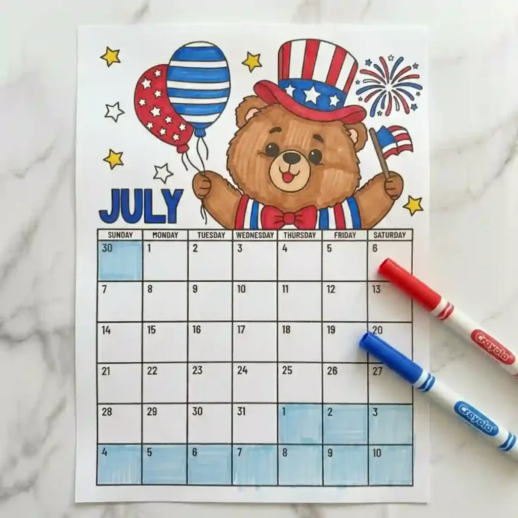 Colored July Calendar Coloring Page