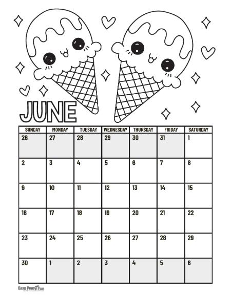 June Calendar to Color
