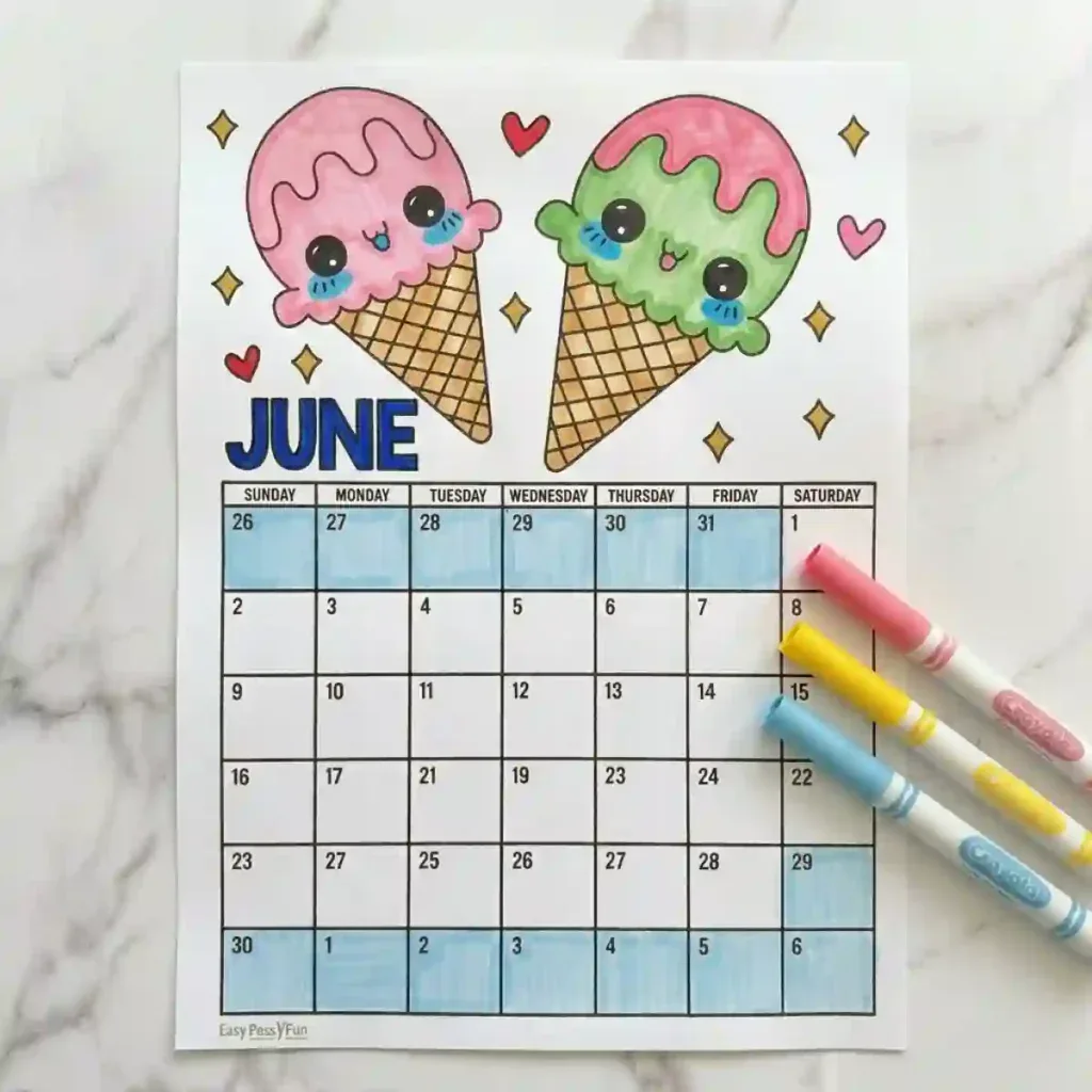 Colored June Calendar Coloring Page