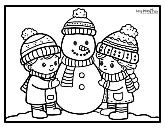 Kids building a snowman image for coloring