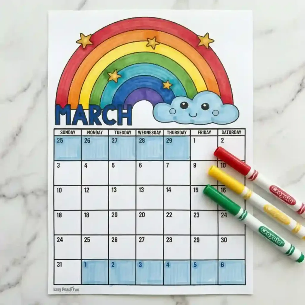 Colored March Calendar Coloring Page