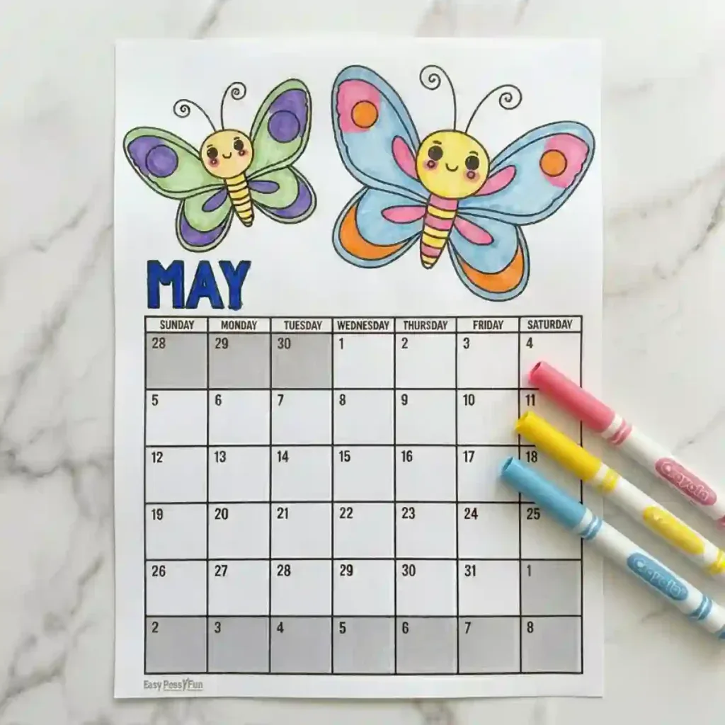 Colored May Calendar Coloring Page