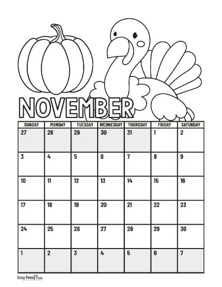 November Calendar to Color