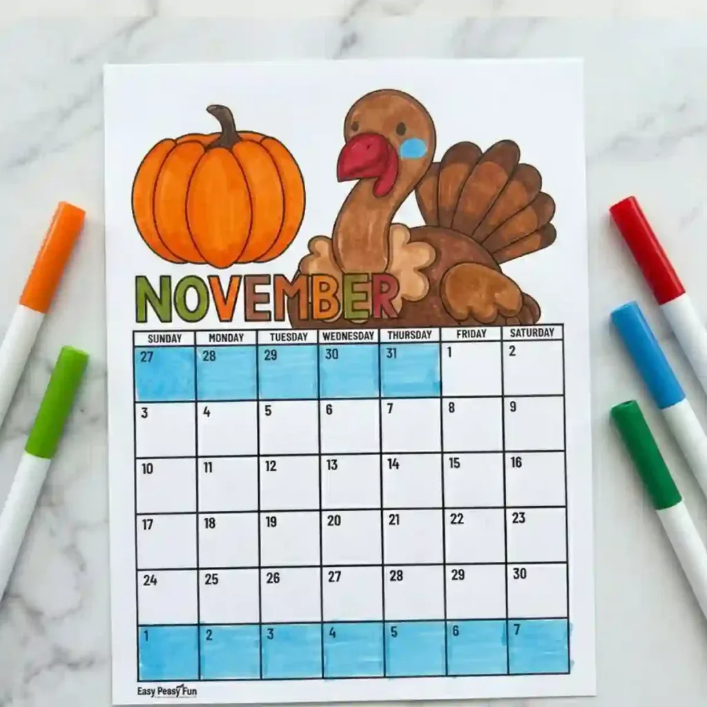 Colored November Calendar Coloring Page