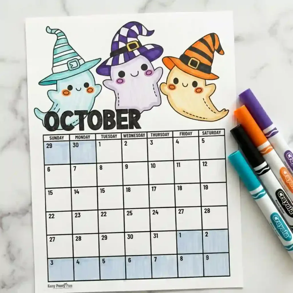Colored October Calendar Coloring Page
