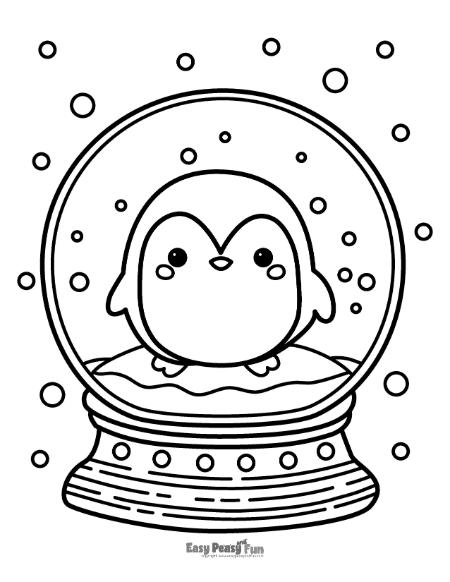 Penguin in a snowglobe illustration for coloring