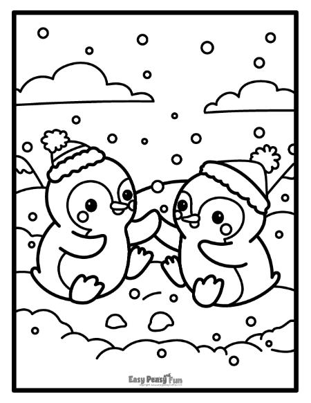 Playful penguins on a snowy day color sheet.