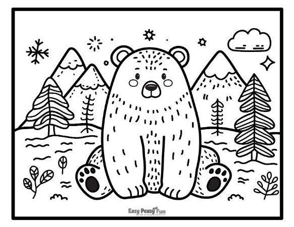 Polar bear among mountains and trees to color