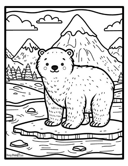 Polar bear standing on an iceberg coloring page