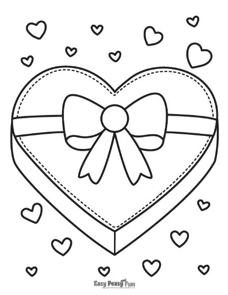 Image of a heart-shaped gift for Valentine's Day to color