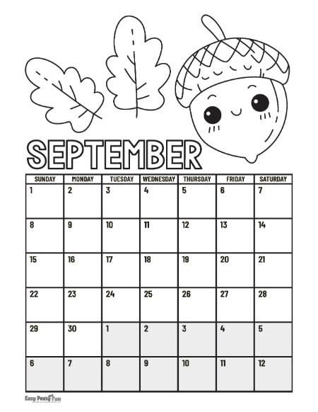 September Calendar to Color