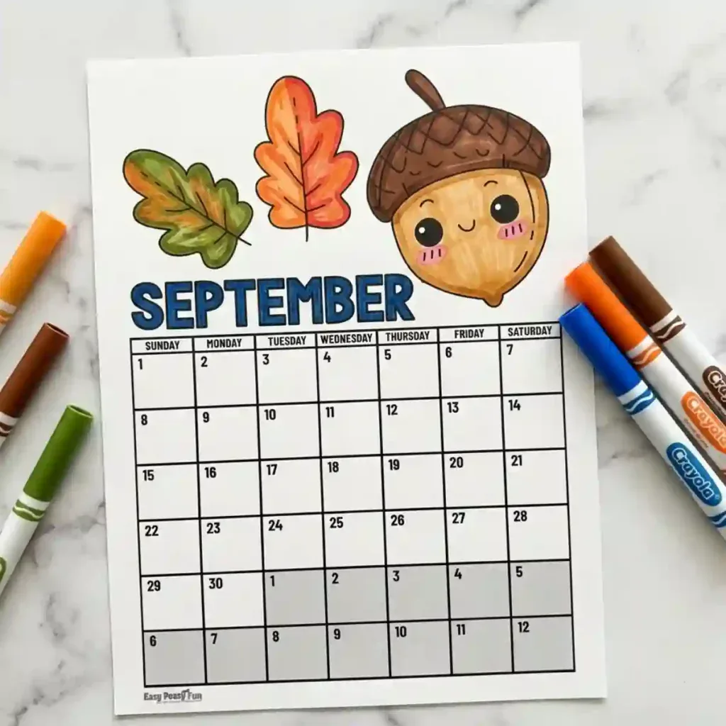 Colored September Calendar Coloring Page
