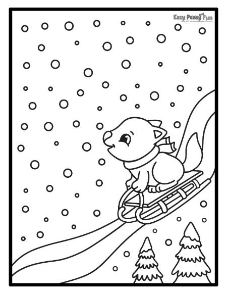 Squirrel on sleigh page for coloring