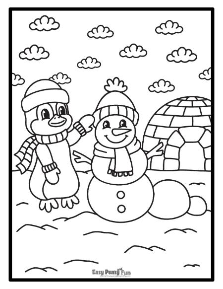Penguin, snowman, and an ilgoo for coloring.