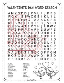 Answer key for medium Valentine's Day wordsearch puzzle with no backward words 1