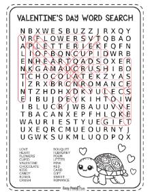 Solution key for medium V-Day wordsearch puzzle with no backward words 4