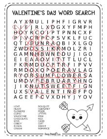 Answer Key for medium V-Day wordsearch puzzle words 1