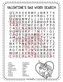 Answer Key for medium V-Day wordsearch puzzle 3