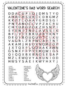 Answer Key for medium level Valentine's Day words search puzzle words 5