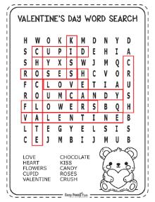 Answer key for easy Valentine's Day wordsearch puzzle 1