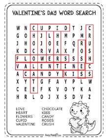 Answer key for easy Valentine's Day wordsearch puzzle 3