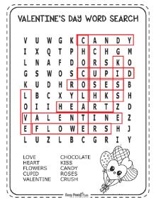 Solution for easy Valentine's Day wordsearch puzzle 4