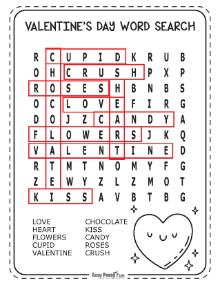 Answer key for easy Valentine's Day wordsearch puzzle 5