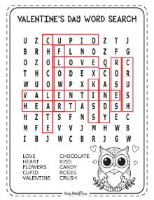 Solution for easy Valentine's Day wordsearch puzzle 6